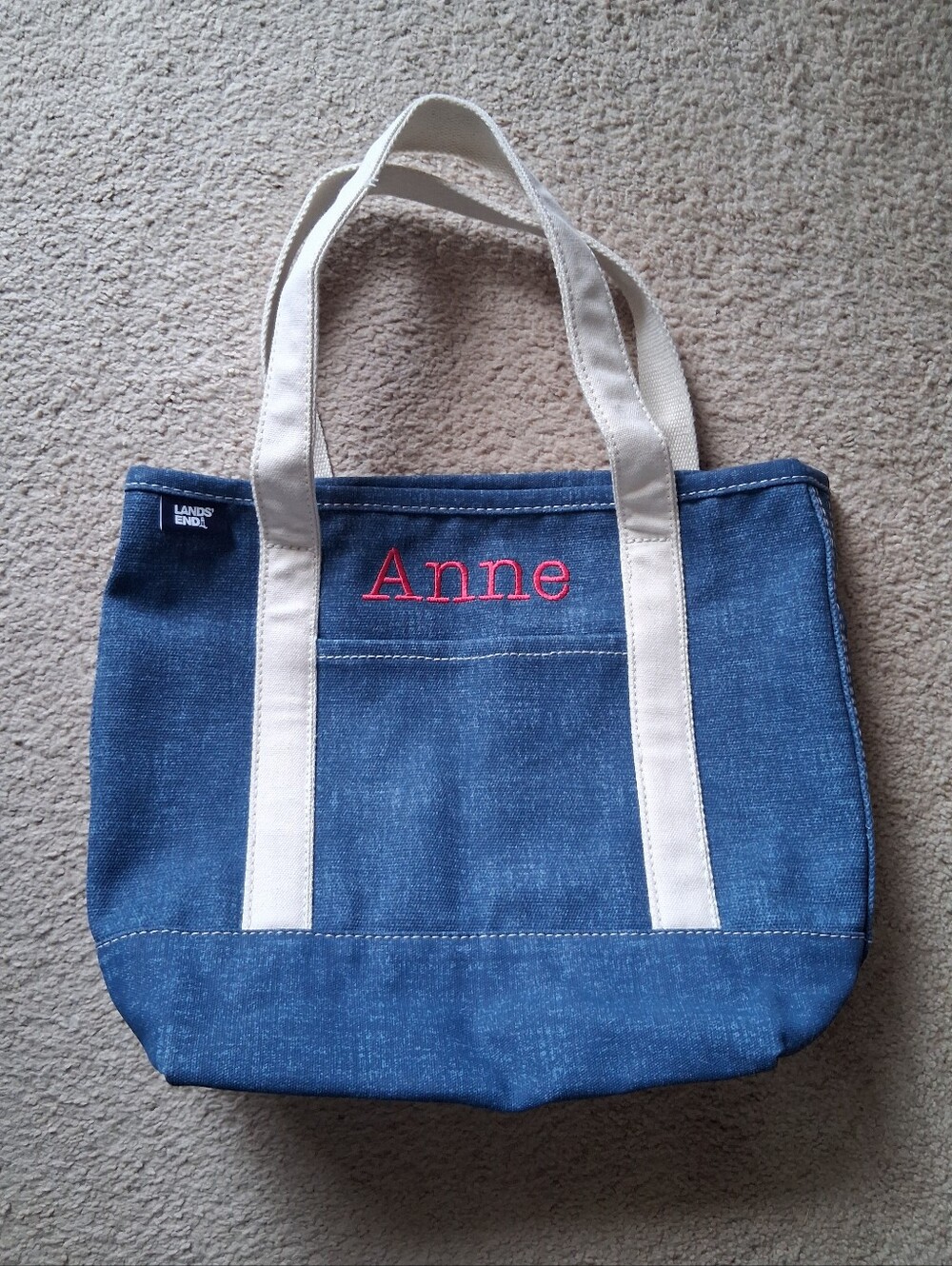 Lands' End Medium 5 Pocket Open Top Tote Monogram Anne Flower Denim Blue Canvas